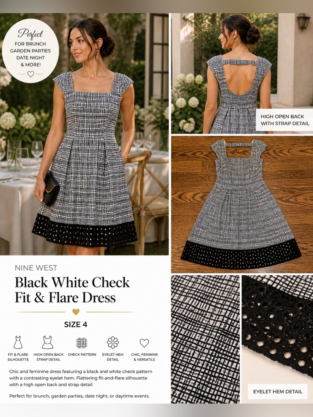 Nine West Women’s Black White Pattern Dress Size 4 Spring Wedding Guest